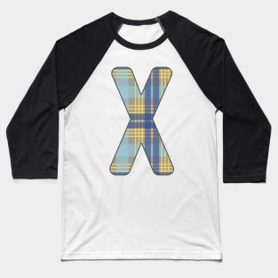 Monogram Letter X, Blue, Yellow and Grey Scottish Tartan Style Typography Design Baseball T-Shirt